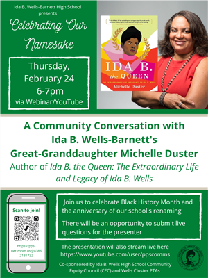 Flier about Black History Month Virtual Event at Wells High School. 6 p.m. Thursday, Feb. 24, 2022; at www.youtube.com/user/ppscomms